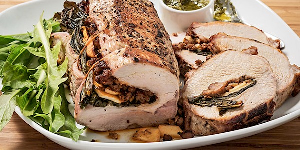 Dandelion Greens Stuffed Pork Roast with Apple and Dandelion “Pistou” Sauce